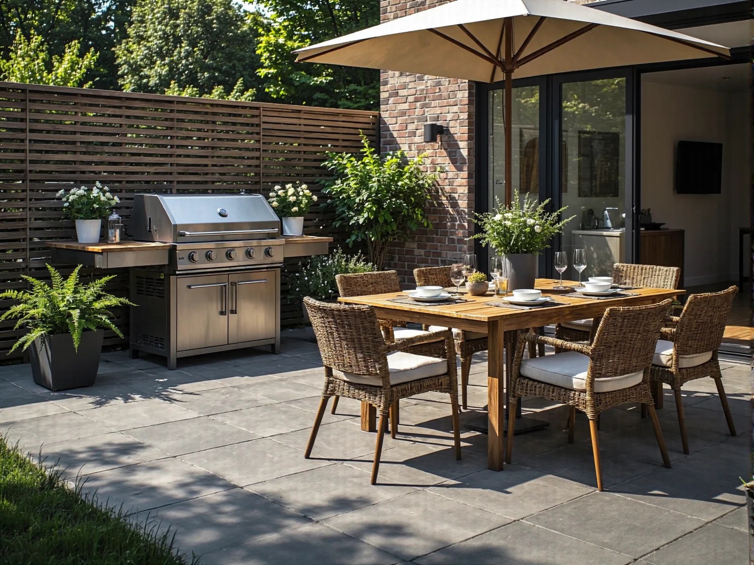 Zestaw mebli ogrodowych stół drewniany z rattanowymi krzesłami