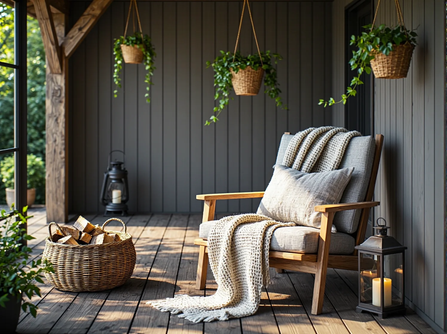 Rustykalny stół z litego drewna na tarasie otoczonym bujną zielenią i lampionami.