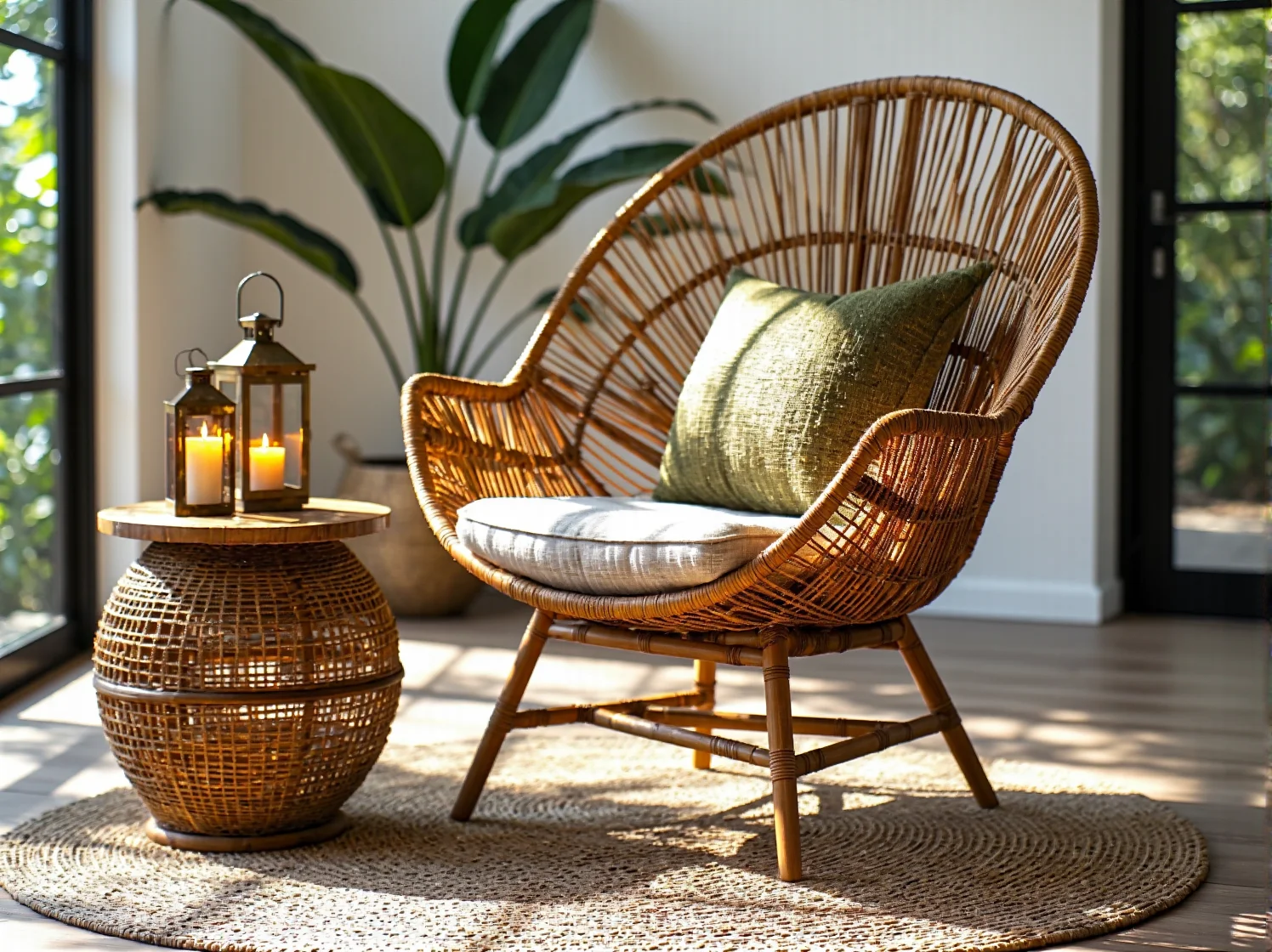 Ratanowe meble ogrodowe z jasnymi poduszkami na tle egzotycznych roślin i latarni.