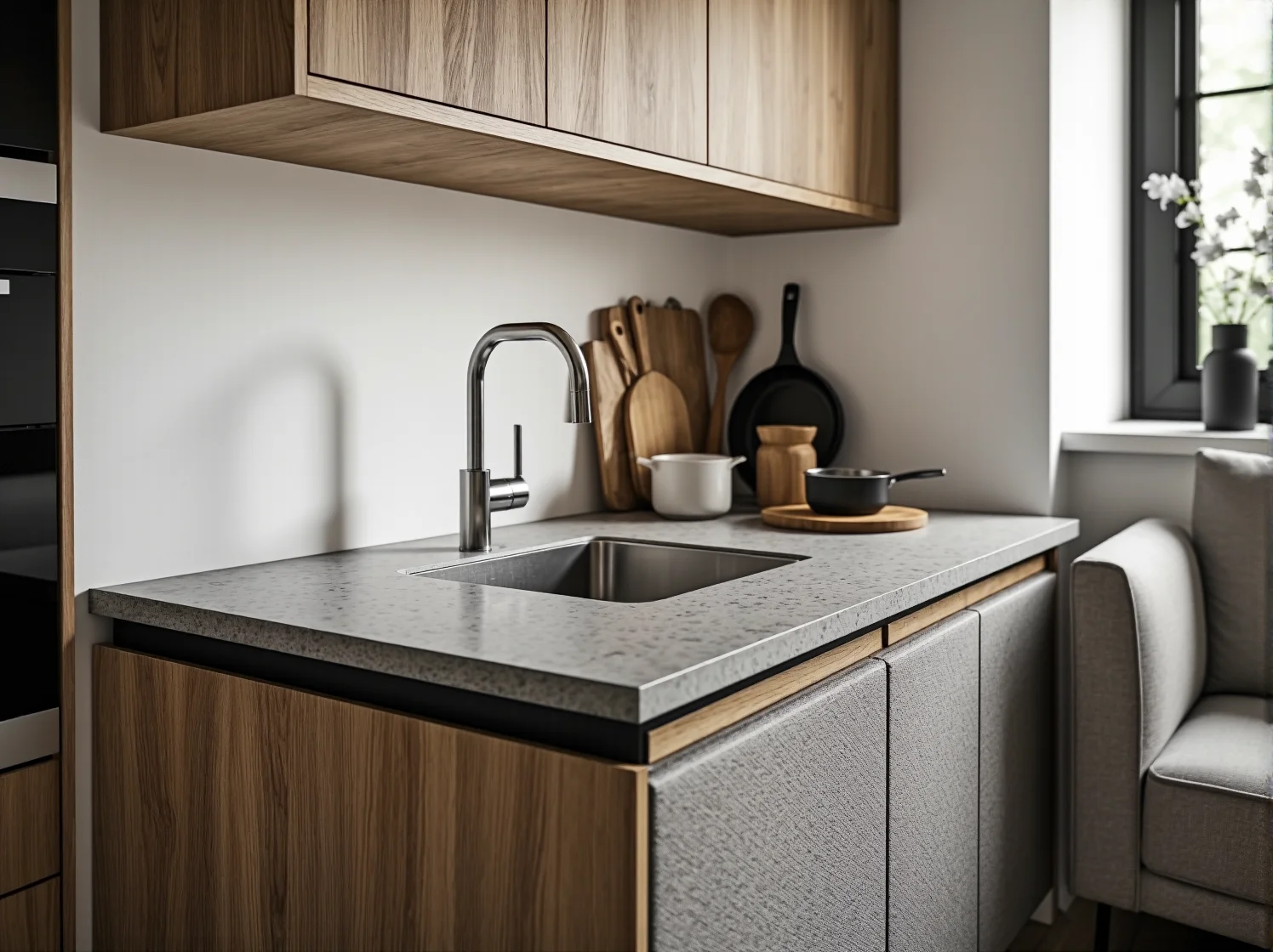 Odnowiona komoda vintage jako element zrównoważonego designu w nowoczesnej kawalerce.