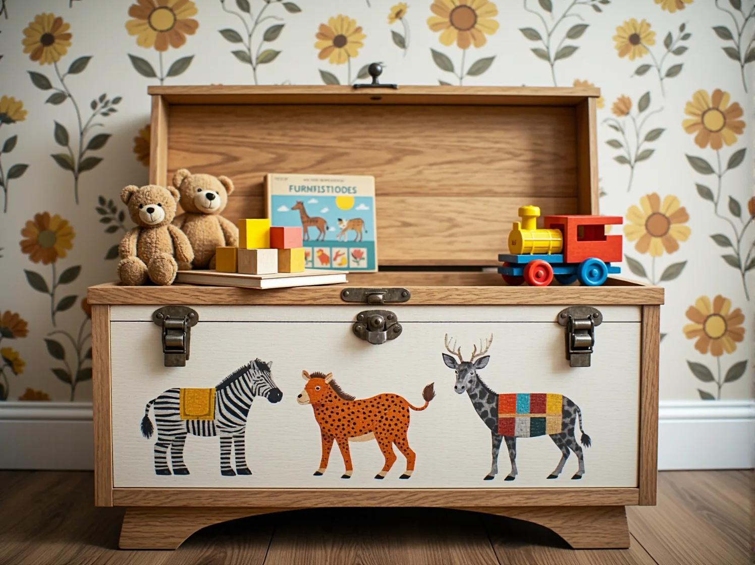 Drewniana komoda vintage w pokoju dziecka i stylowe dodatki z lat 60.