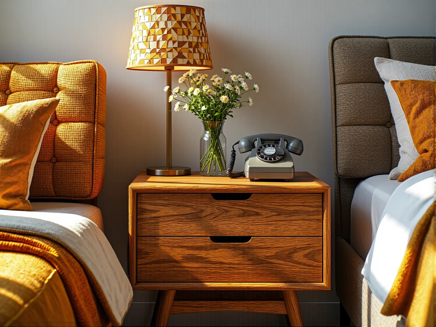 Odrestaurowana komoda vintage i tapicerowany fotel w sypialni inspirowanej latami 60.