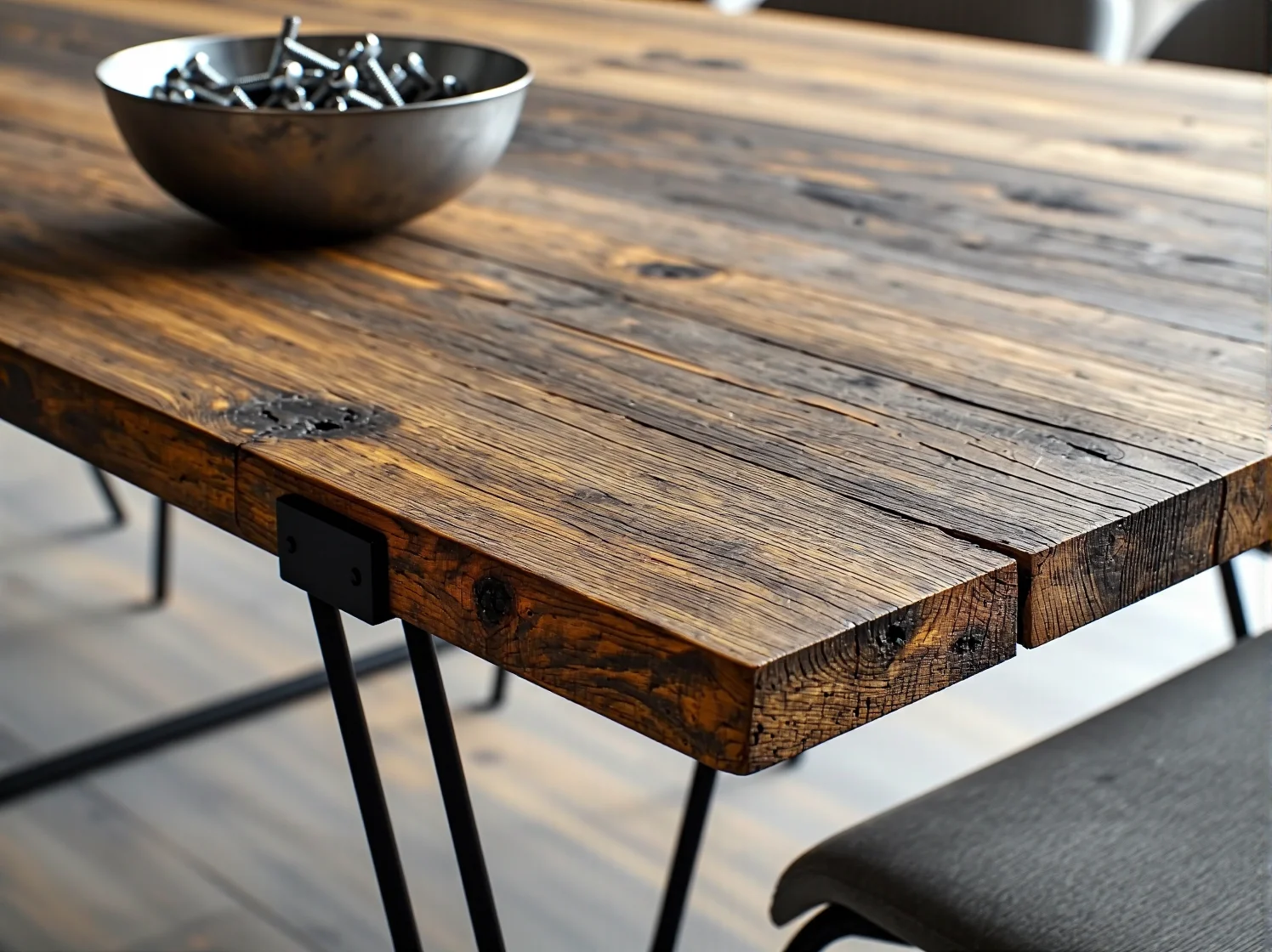 Metalowe okucia i czarne rury hydrauliczne jako nogi regału w stylu industrialnym