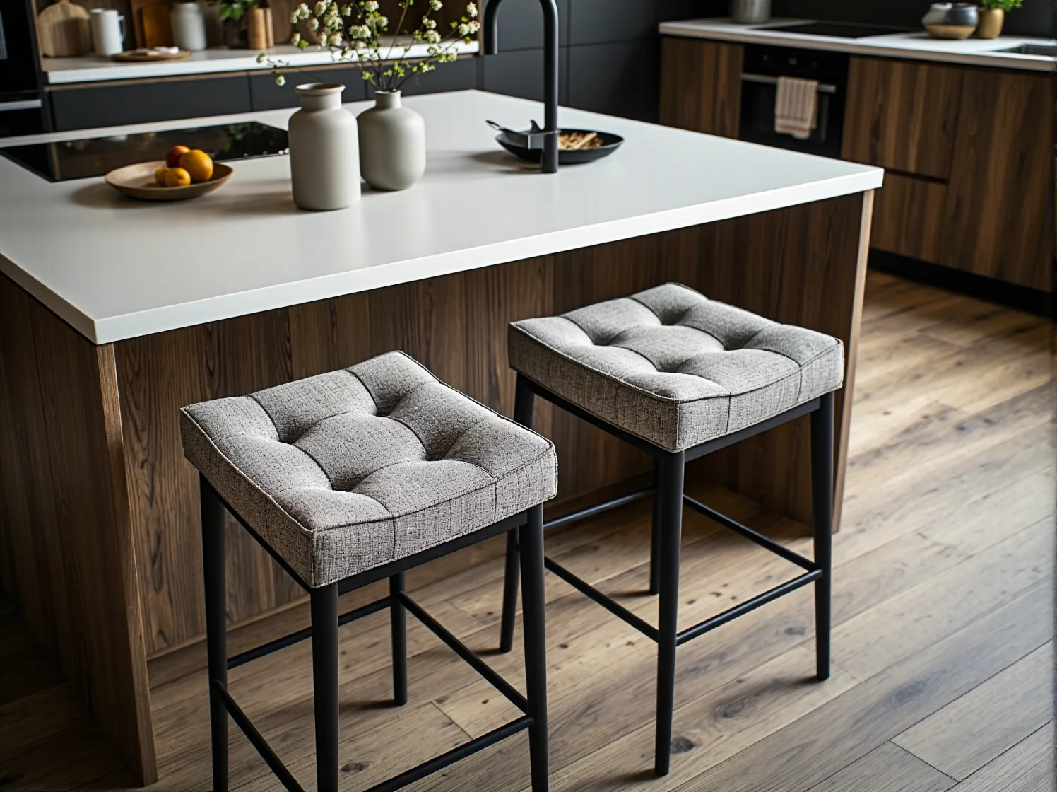 Minimalistyczne stołki barowe z metalu i drewna oszczędzające miejsce