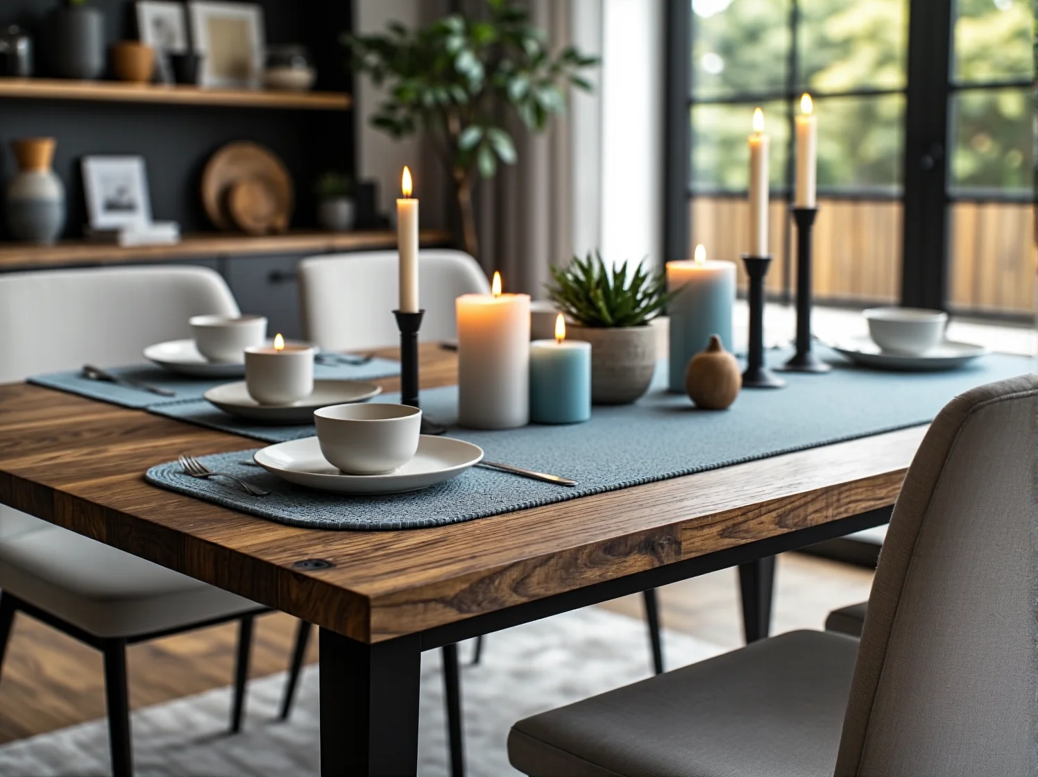 Drewniane meble w jadalni ozdobione wazonem ze świeżymi kwiatami i pastelowym dywanem.