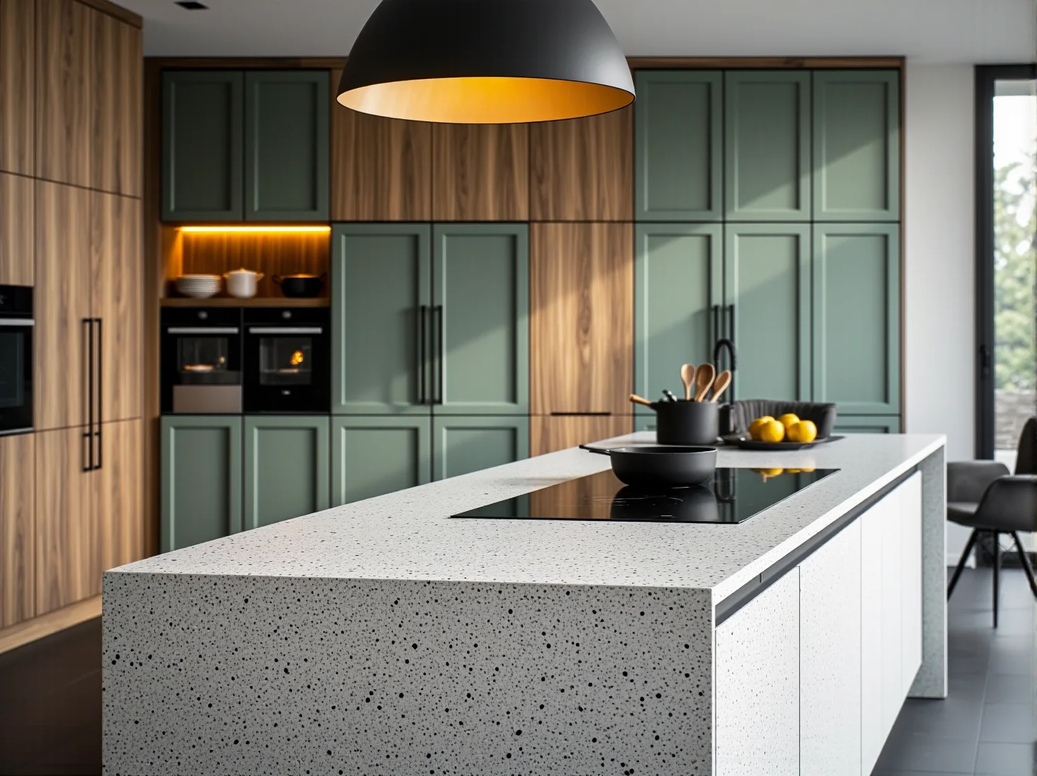 Modne kolory kuchni 2026: szałwiowa zieleń szafek połączona z miedzianymi uchwytami