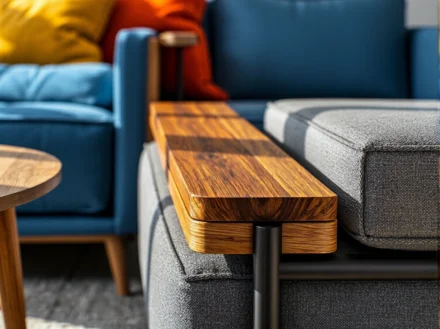 Narożnik modułowy szary z drewnianym podłokietnikiem dębowym