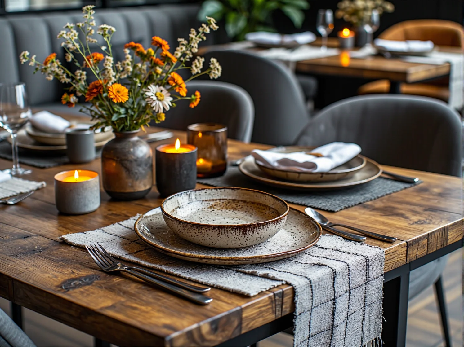 Drewniane stoły i makramy na ścianach w aranżacji wnętrza restauracji inspirowanej naturą.