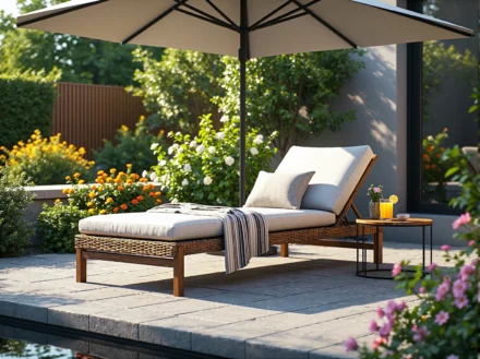 Leżak ogrodowy rattanowy z kremowym materacem i regulowanym oparciem