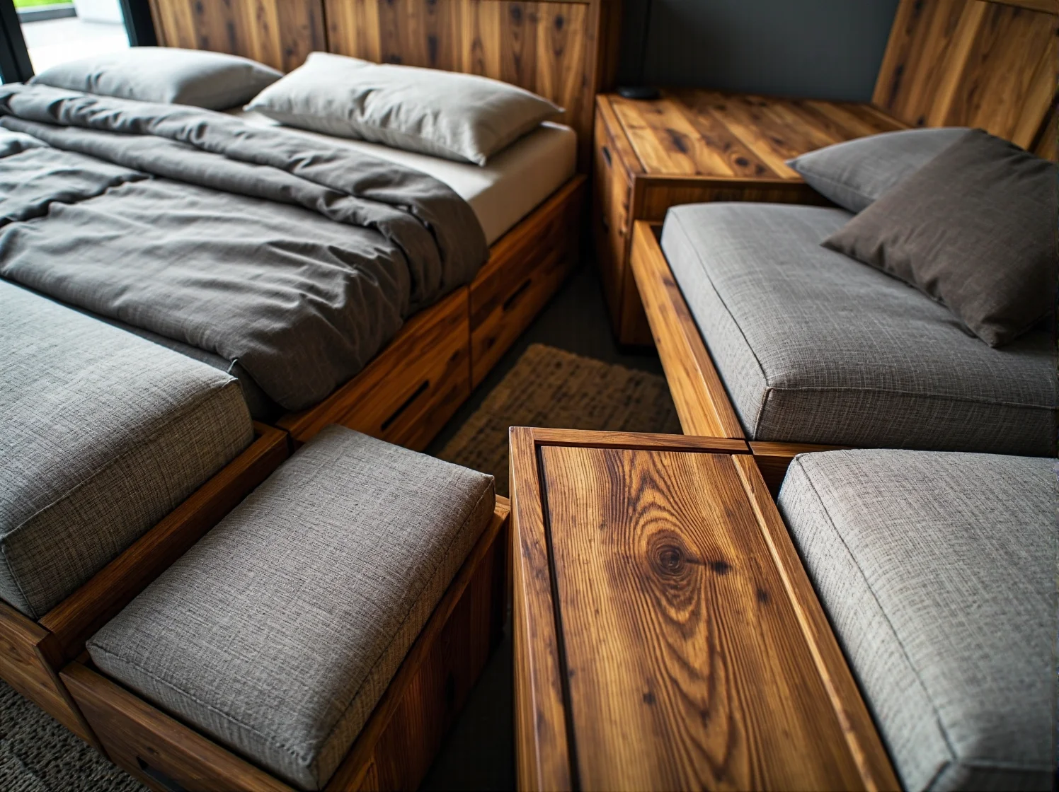 Nowoczesne łóżko modułowe tapicerowane lnem w aranżacji skandynawskiej