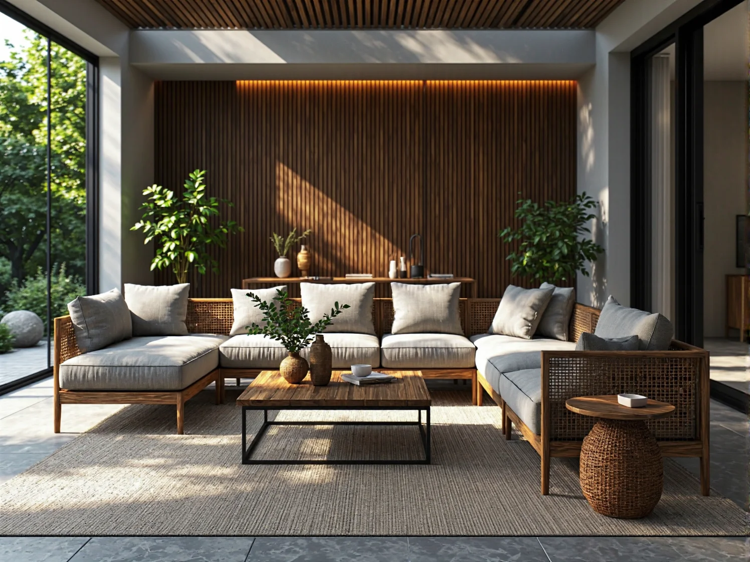 Nowoczesne krzesła o prostej formie w otoczeniu bambusów i ozdobnego żwiru