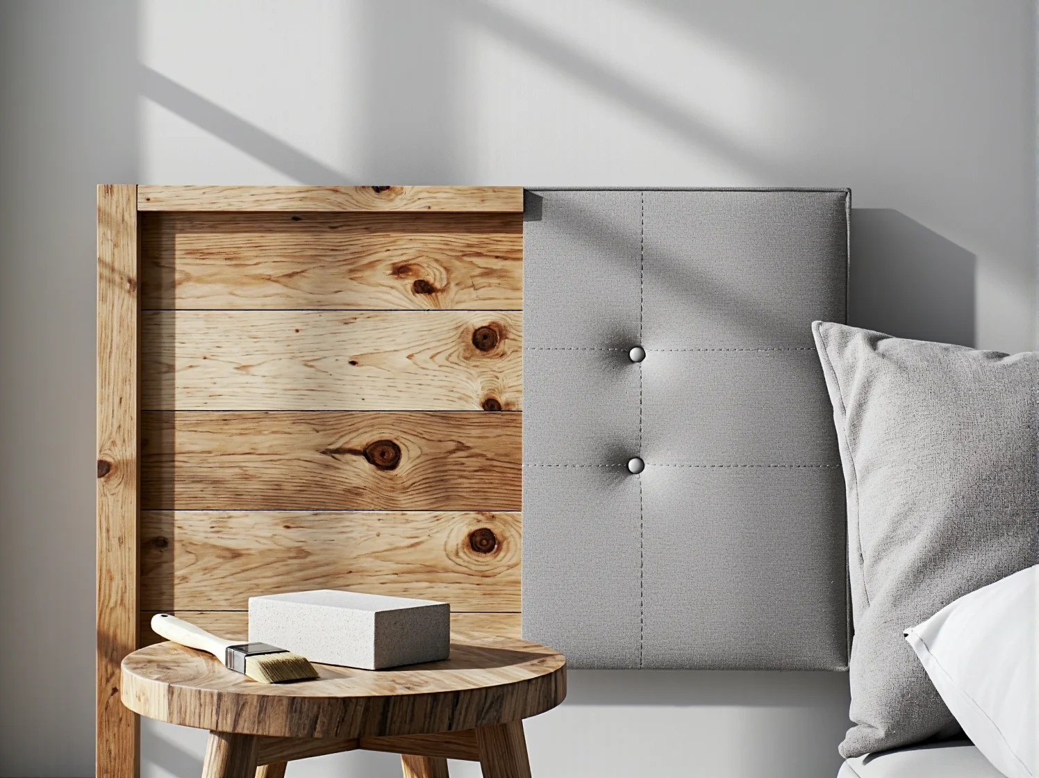 Gotowe odnowione łóżko skandynawskie z jasnego drewna w nowoczesnej sypialni.