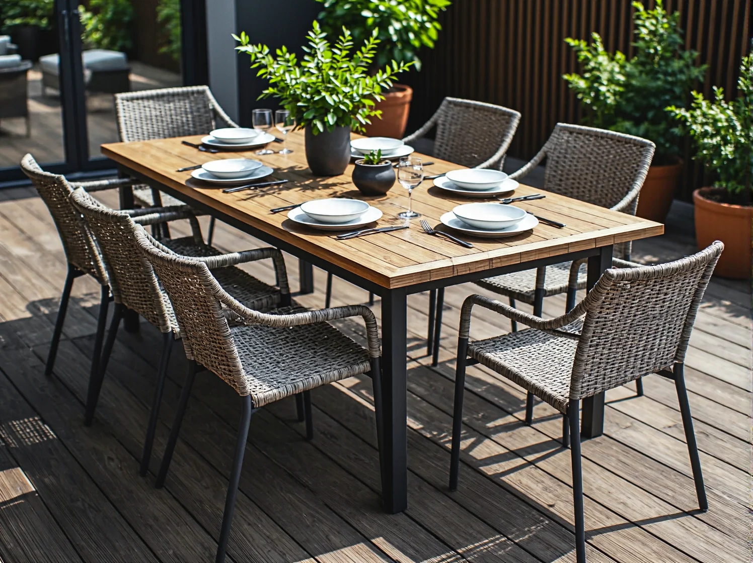 Odporne na warunki atmosferyczne krzesła z technorattanu w nowoczesnym ogrodzie.