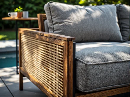 Sofa ogrodowa drewniana z rattanowym bokiem i szarymi poduszkami