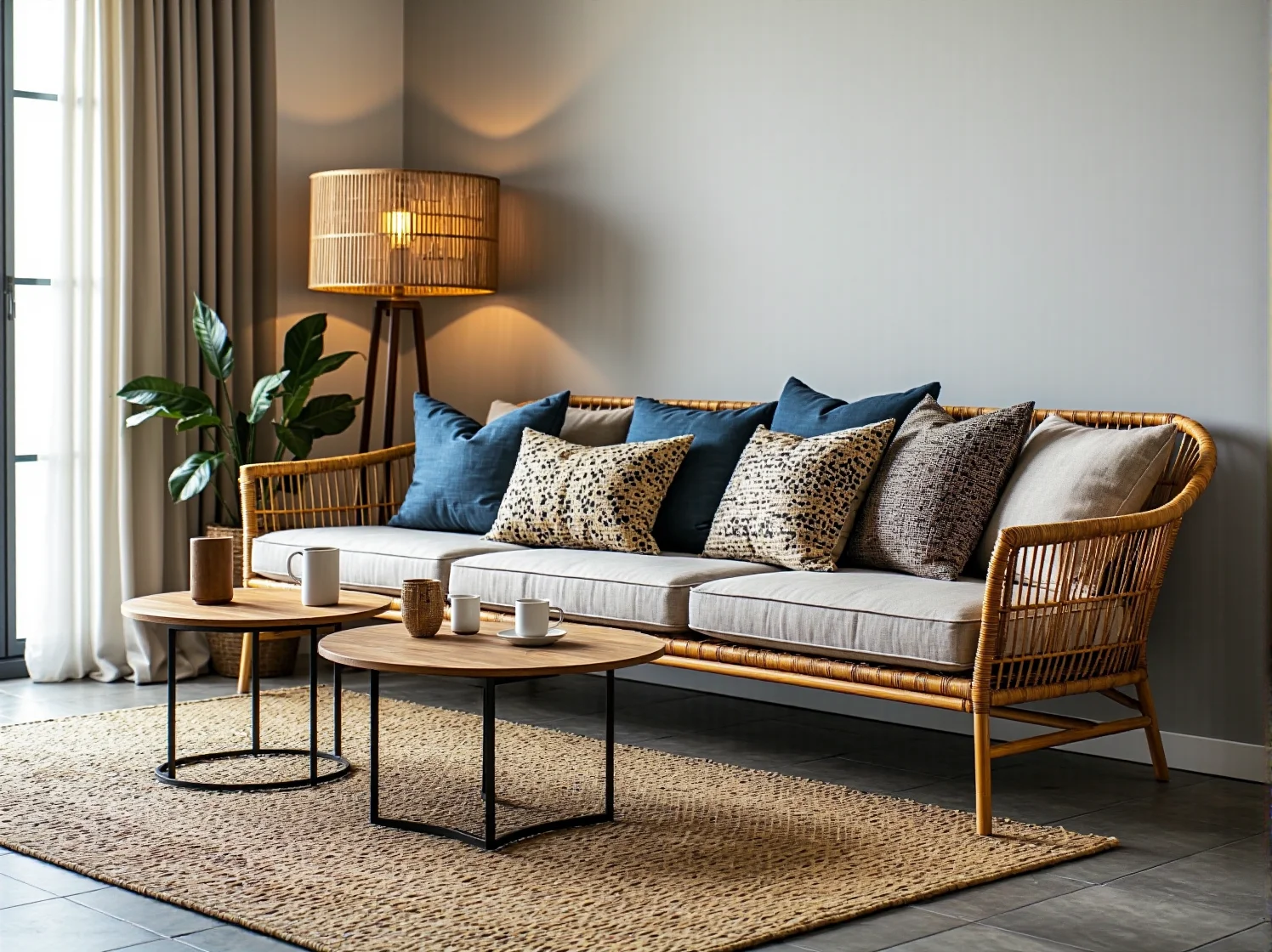 Bambusowe lampy wiszące nad stolikami tworzące przytulny klimat w hotelowej jadalni.