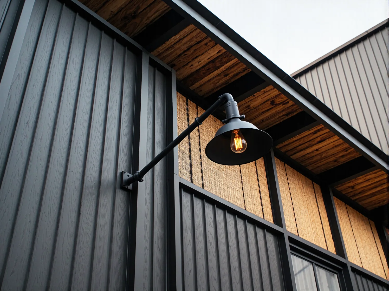 Czarne metalowe oświetlenie elewacyjne z kratką ochronną w stylu vintage industrial