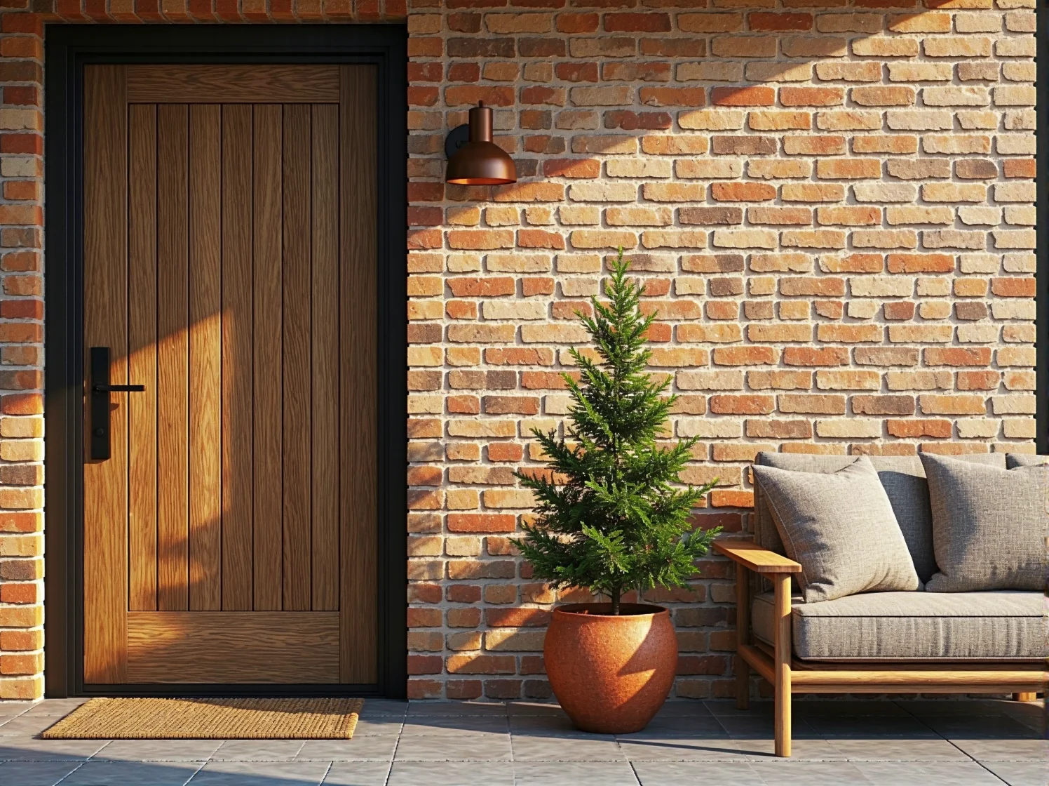 Gra światłocienia na fakturze cegły dzięki odpowiednim lampom fasadowym.