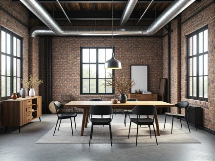 Drewniany stół jadalniany dębowy z czarnymi krzesłami w stylu industrialnym