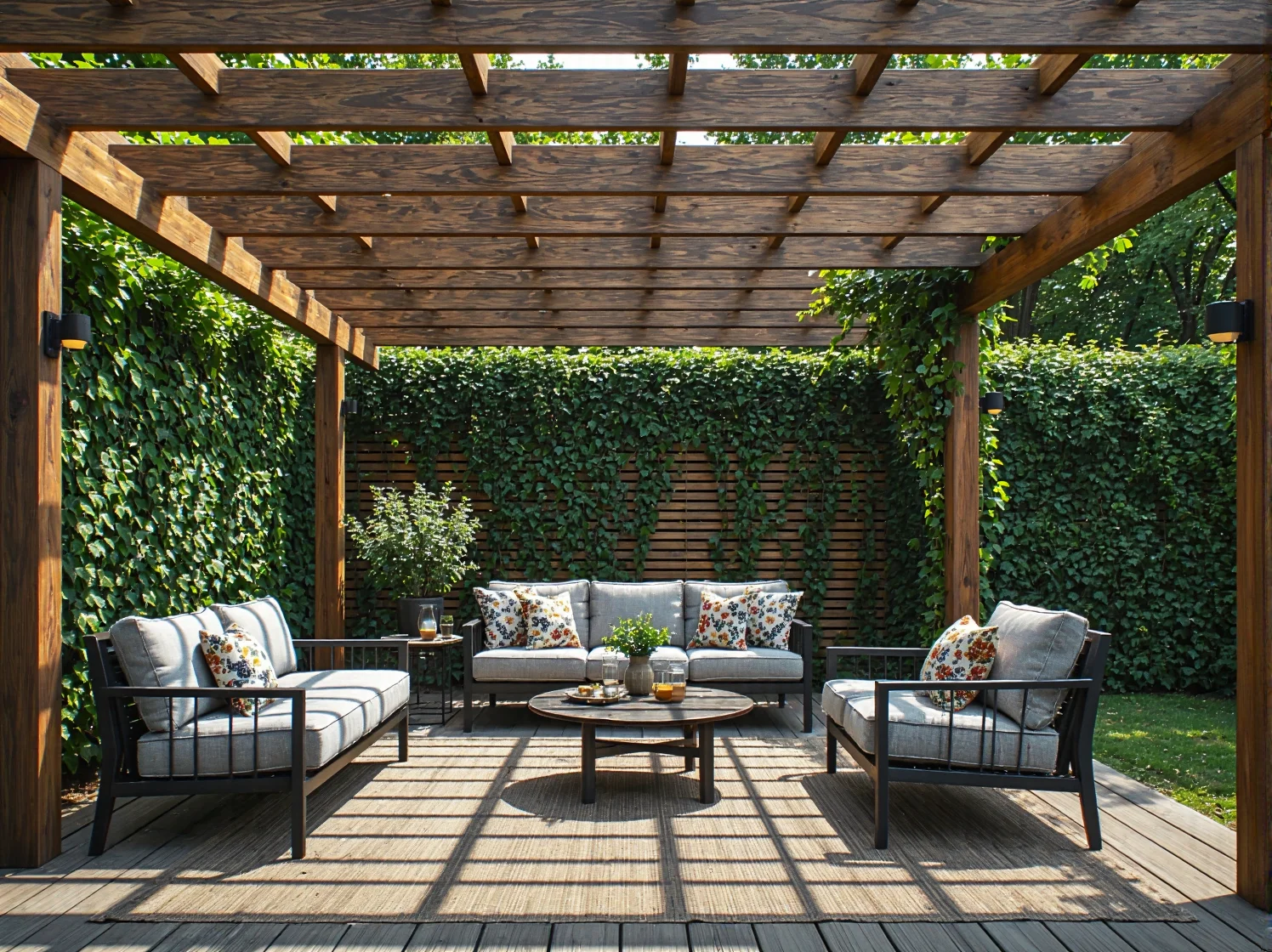 Stojące lampy solarne oświetlające ścieżkę do pergoli w aranżacji klasycznej.