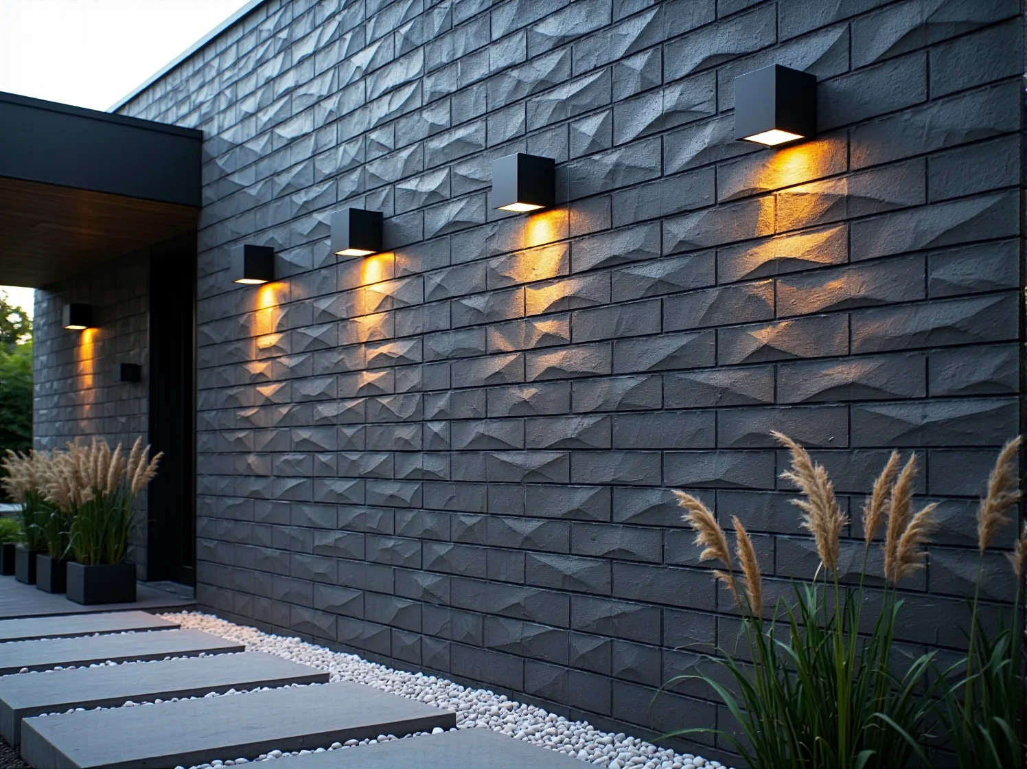 Lampy ogrodowe oświetlające ceglany mur tarasu wieczorową porą.