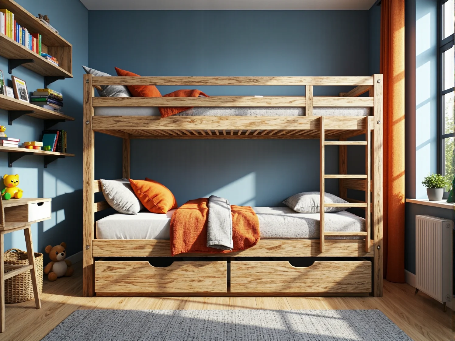 Wysokie regały i półki wiszące wykorzystujące pionową przestrzeń w pokoju dziecka