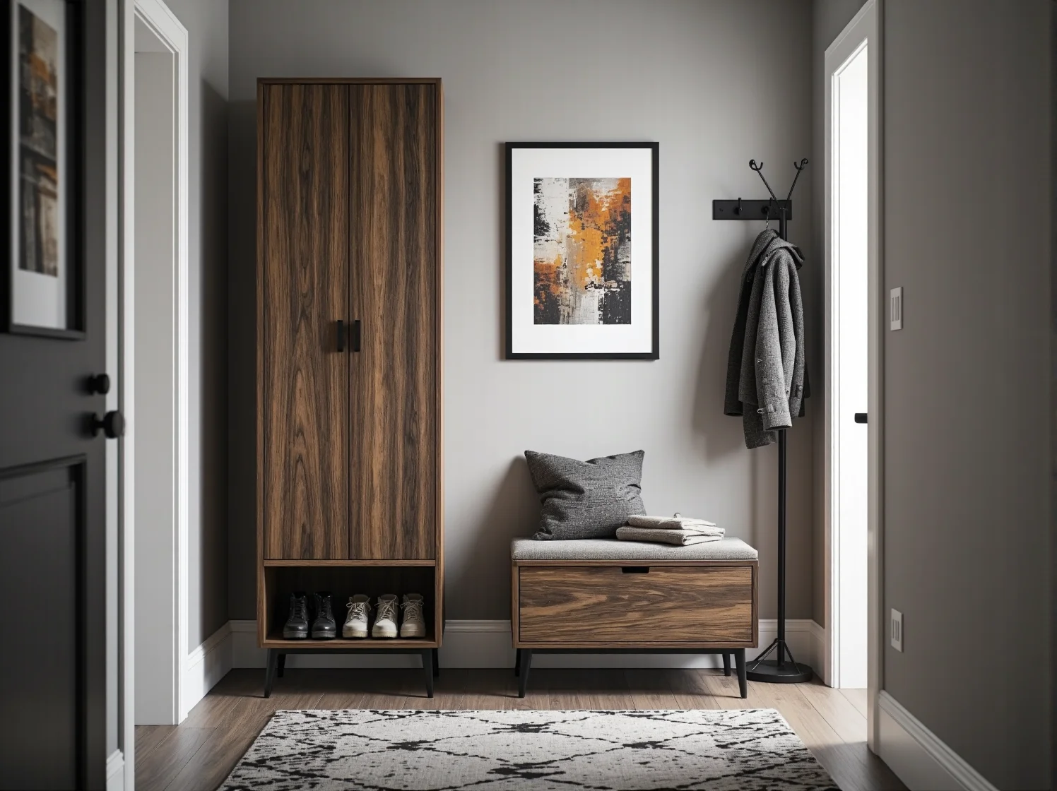 Pojemna szafka na obuwie z półkami ułatwiająca porządek.