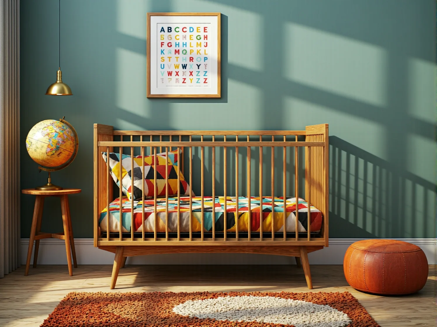 Drewniane łóżeczko dziecięce retro z szczebelkami i skośnymi nóżkami