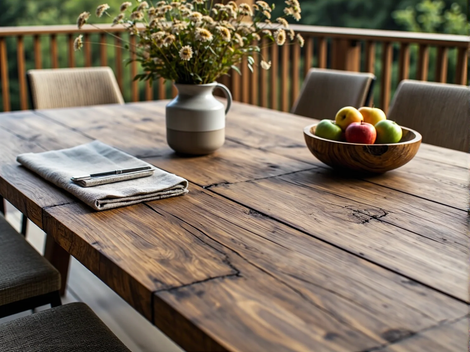 Przytulny kącik na tarasie z drewnianą ławką, lnianymi poduszkami i donicami z ziołami.