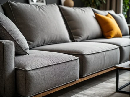 Nowoczesna sofa szara tapicerowana na drewnianej ramie