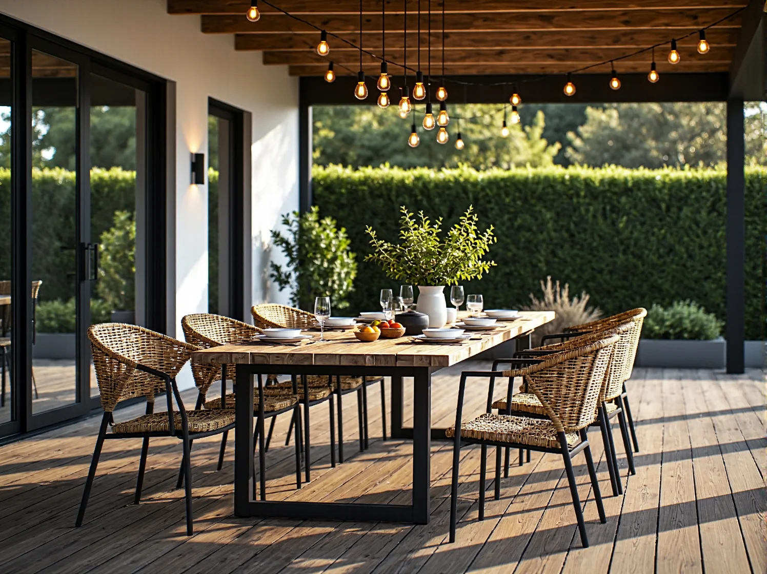 Energooszczędne reflektory LED podświetlające rośliny i architekturę ogrodową w domku na wynajem.