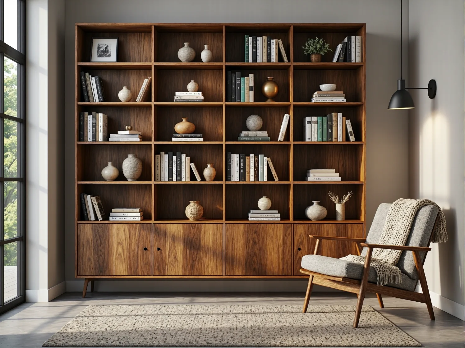 Stylowy regał z naturalnego rattanu w przytulnej aranżacji boho.