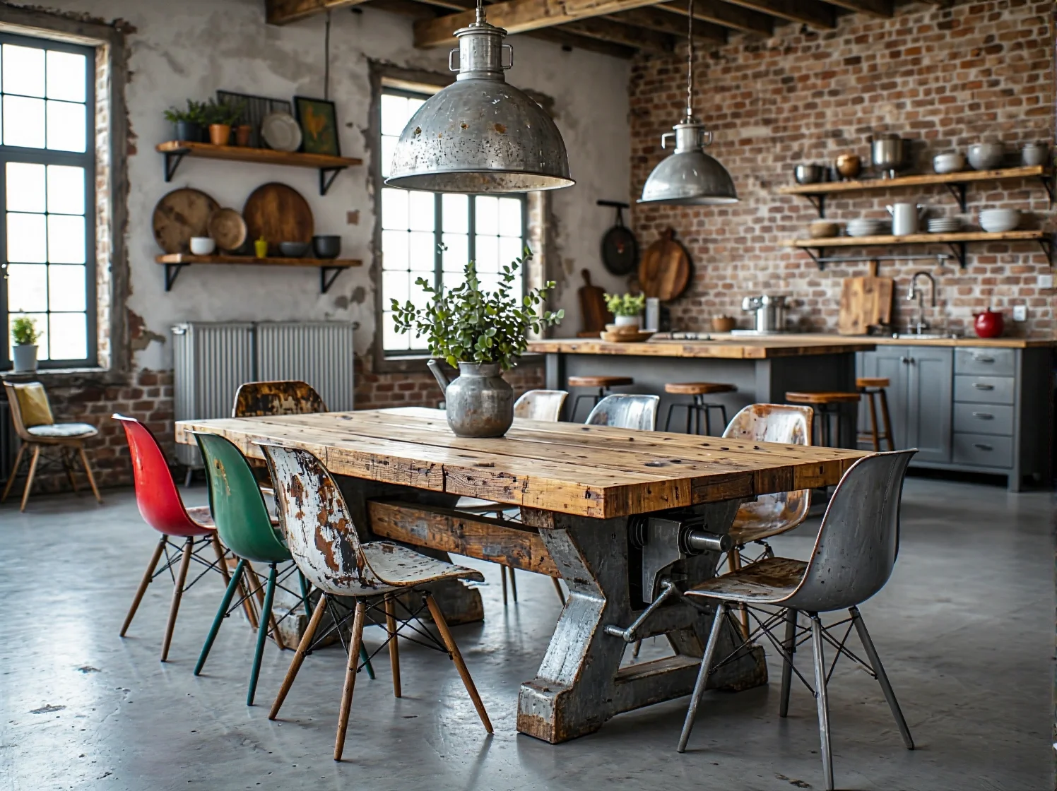 Metalowy regał z rur hydraulicznych i desek w surowym wnętrzu loftowym