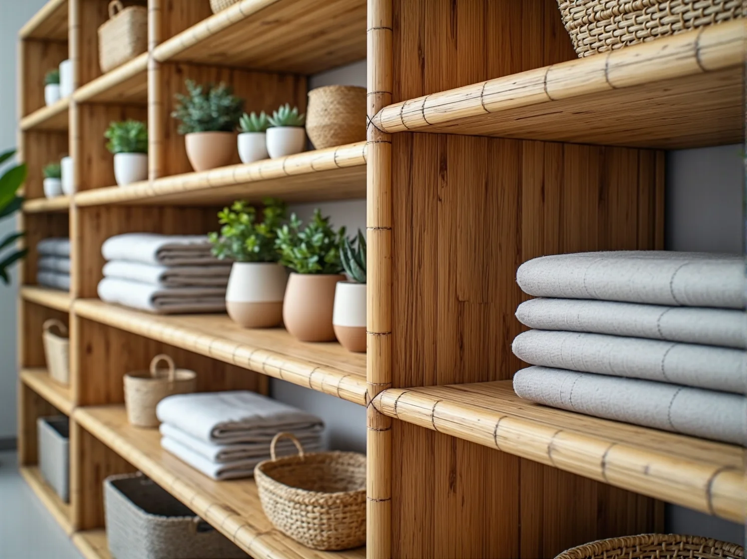 Porównanie faktur drewna dębowego i sosnowego na półkach regału.