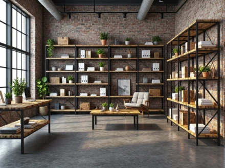 Regały industrialne z drewnianymi półkami i metalową czarną ramą