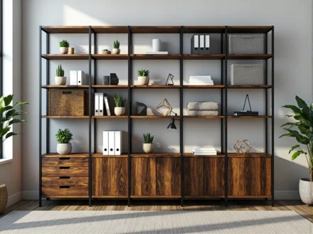 Regał biurowy orzech z metalową ramą i szafkami na dole