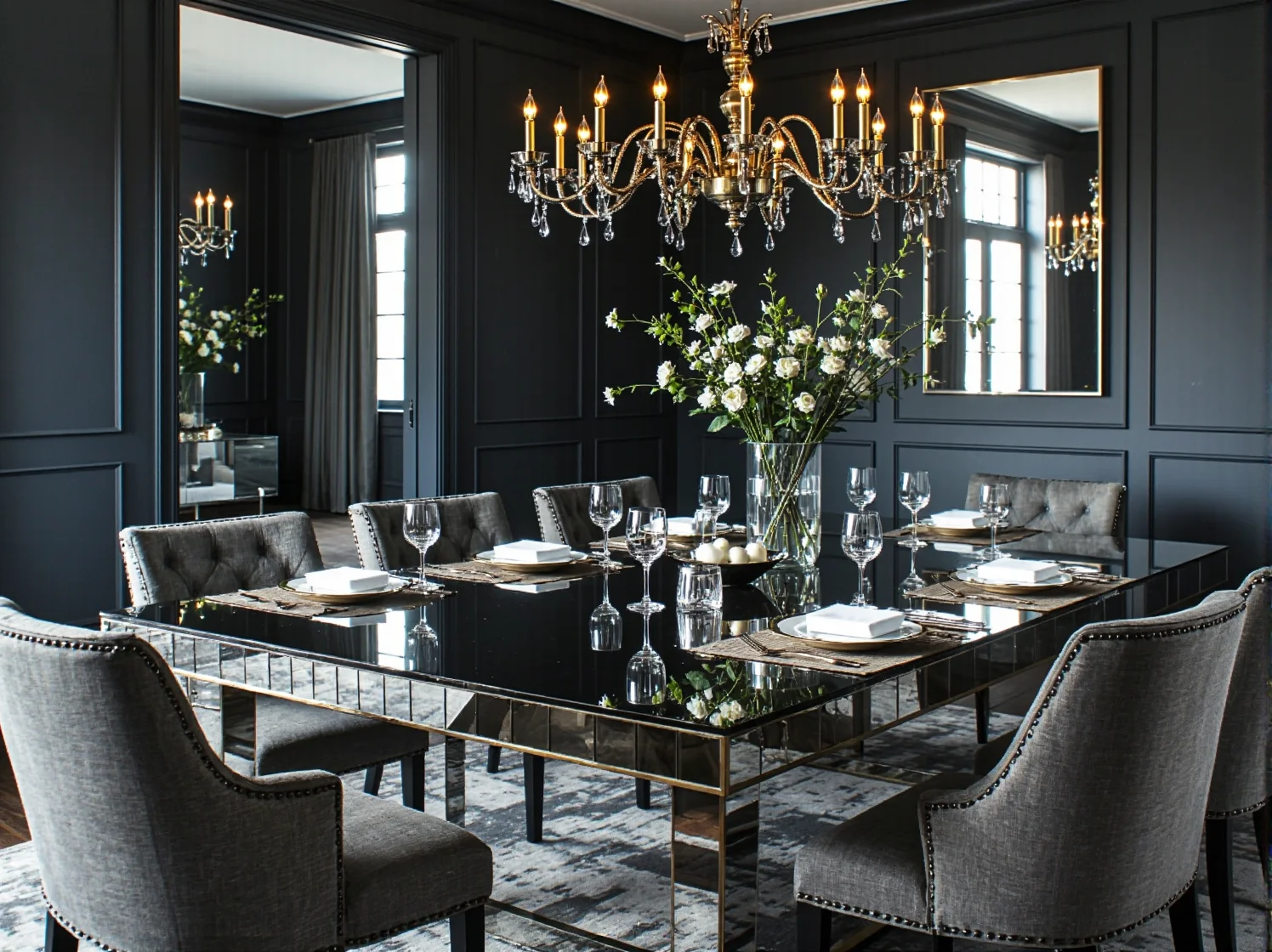 Aranżacja jadalni ze ścianą z luster, która dodaje wnętrzu głębi i blasku kryształowego żyrandola.