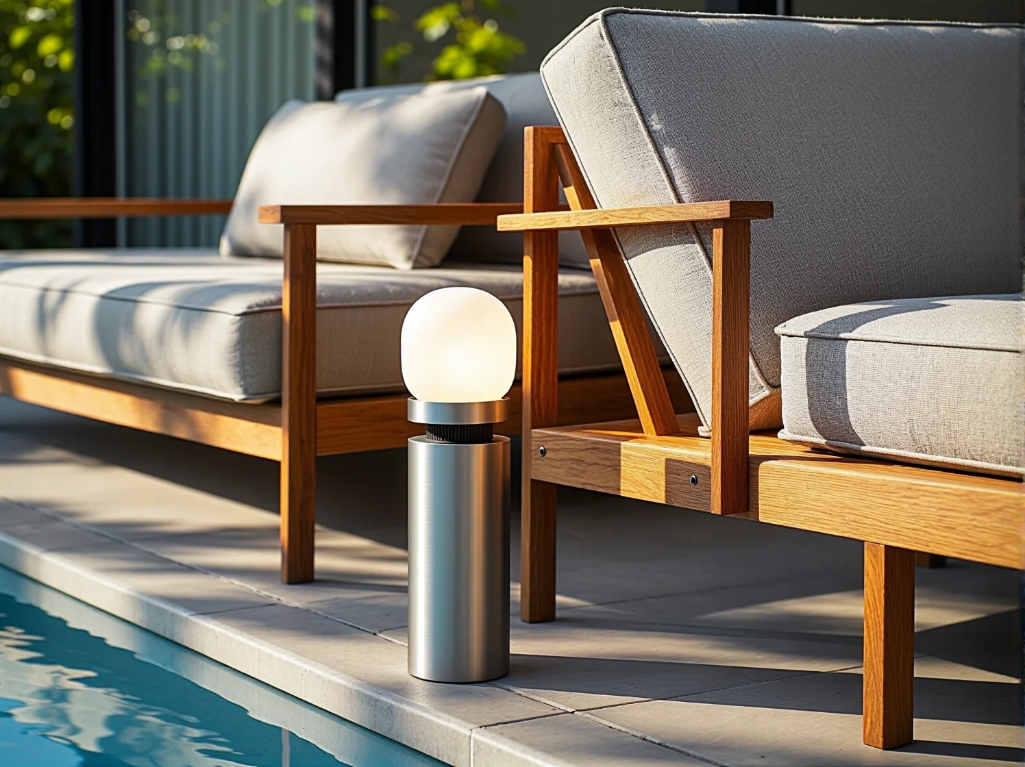 Słupki oświetleniowe o wysokiej klasie szczelności IP przy ścieżce basenowej