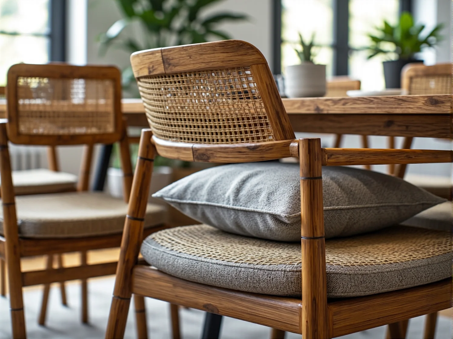 Masywny stół jadalniany wykonany z naturalnych materiałów odnawialnych.