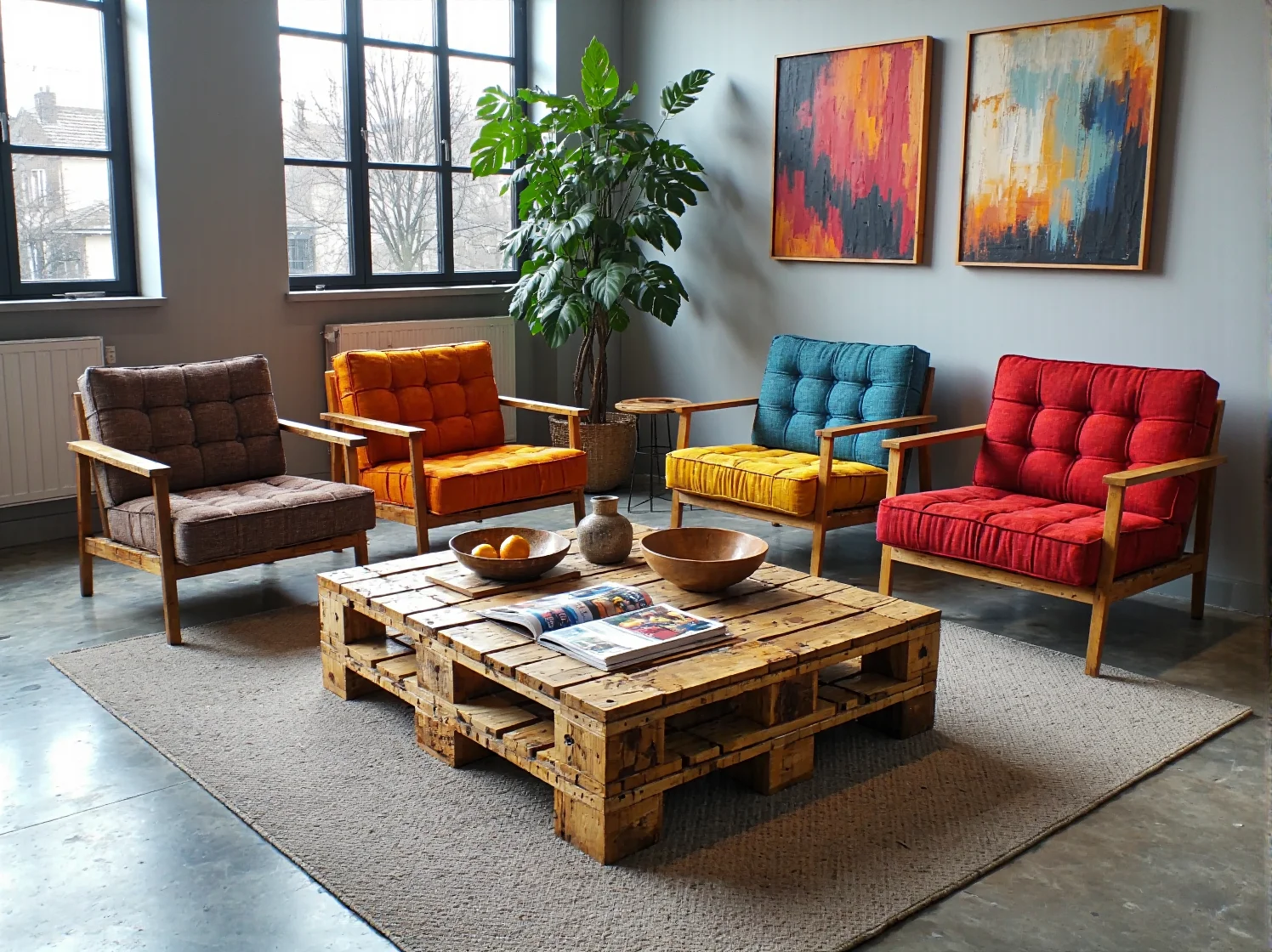 Strefa relaksu w biurze z odnowionymi fotelami vintage i stolikiem z palet.
