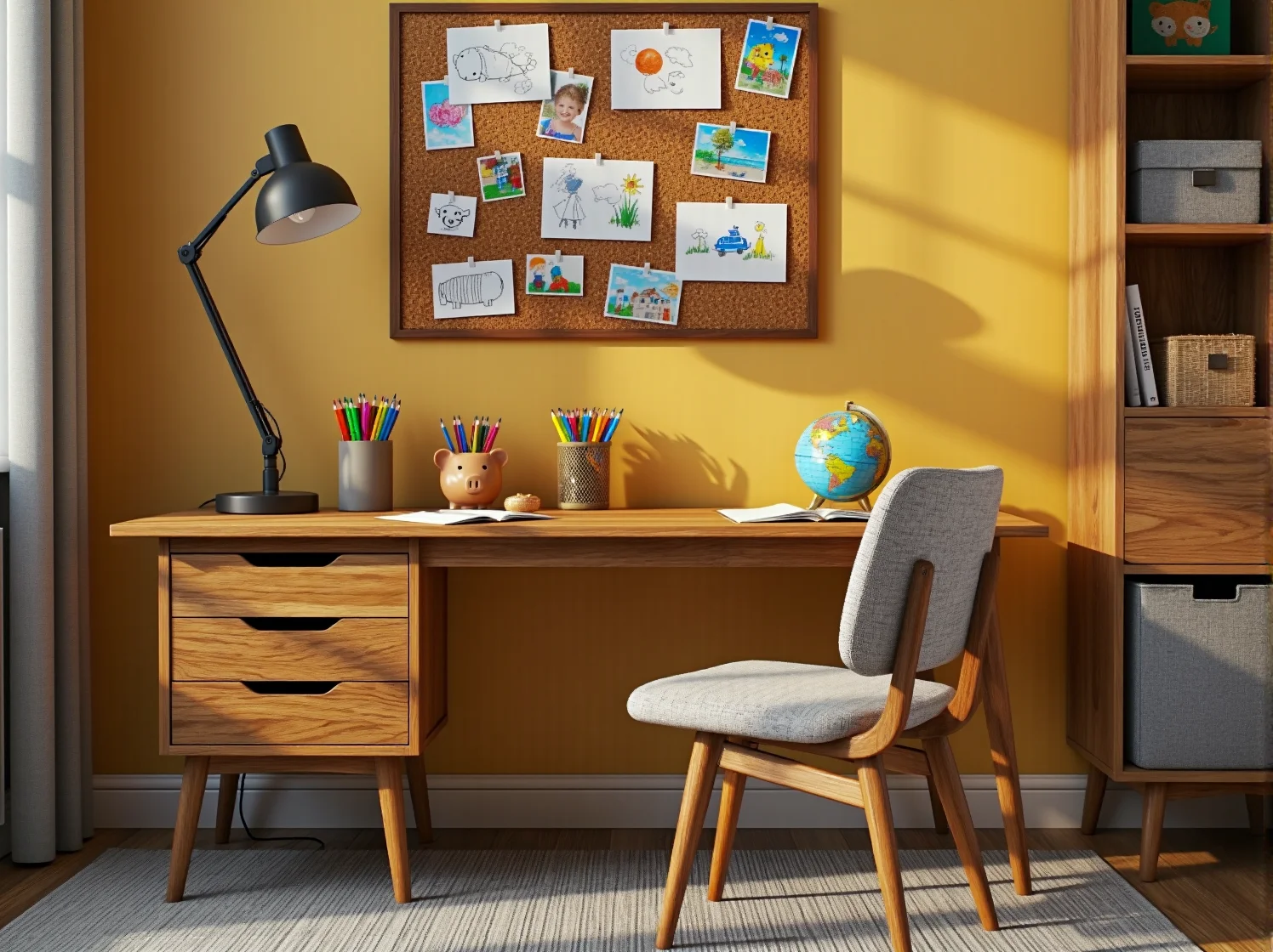 Drewniane zabawki i pastelowe tekstylia w kąciku zabaw w stylu vintage.