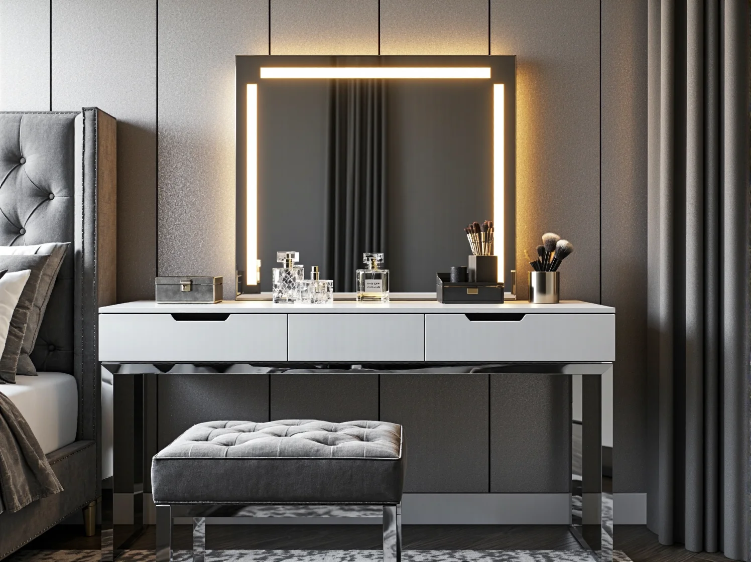 Luksusowa sypialnia glamour z lustrzanymi szafkami nocnymi i toaletką odbijającą światło.