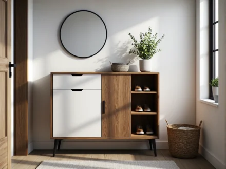 Szafka na buty dąb z białymi frontami i półkami otwartymi