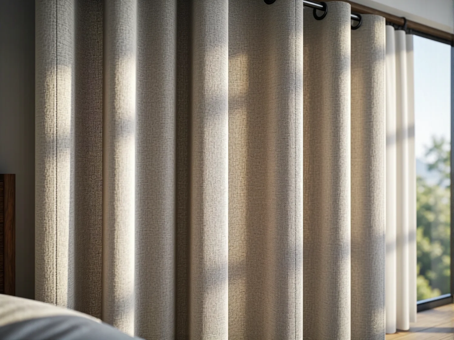 Szare zasłony zaciemniające w przytulnej sypialni scandi z białymi meblami