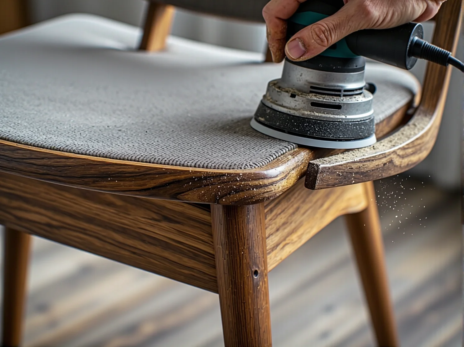 Szlifowanie drewnianego stołu szlifierką mimośrodową podczas renowacji starych mebli