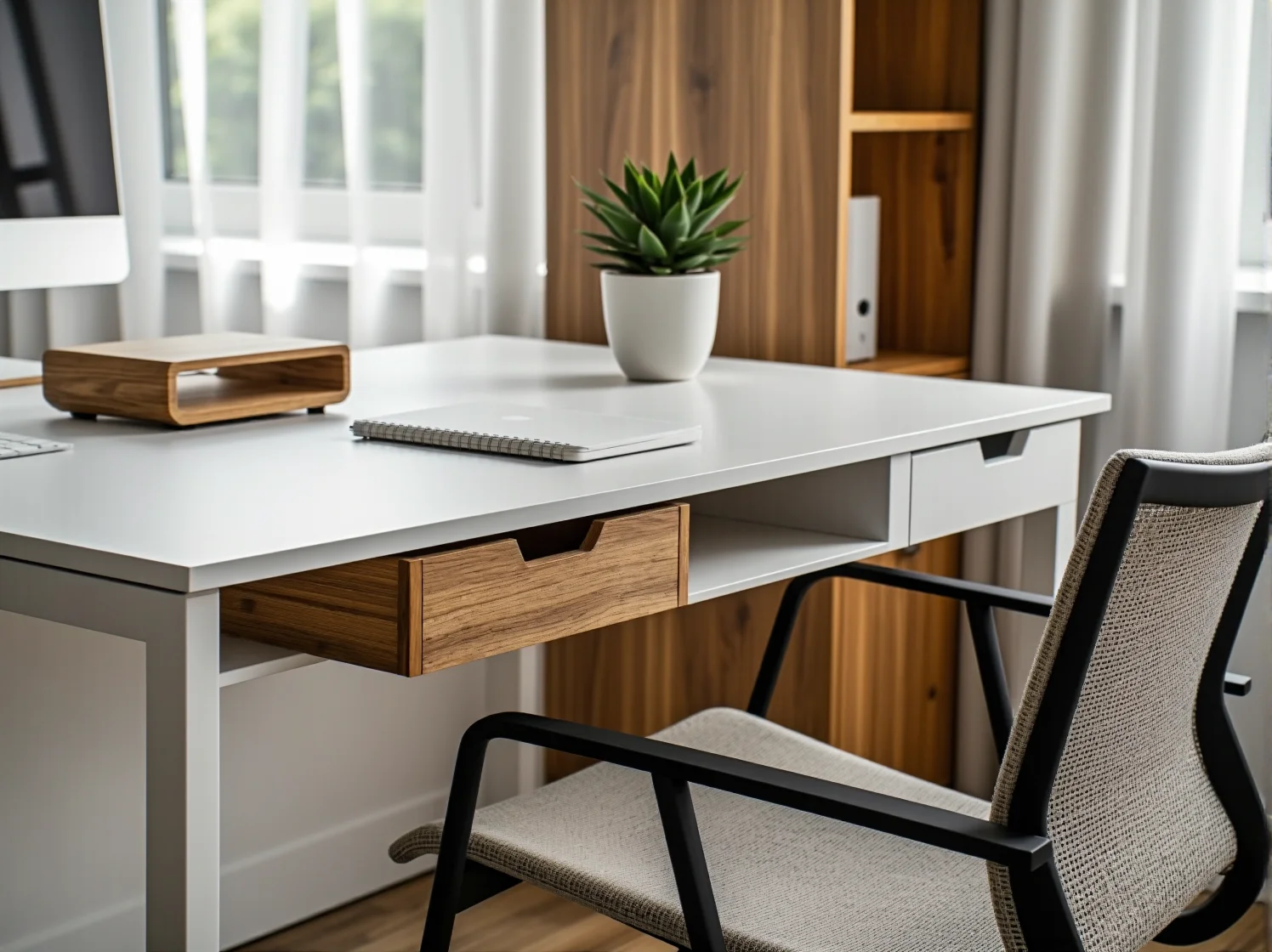 Ergonomiczny fotel biurowy w niskiej cenie przy biurku z laptopem.