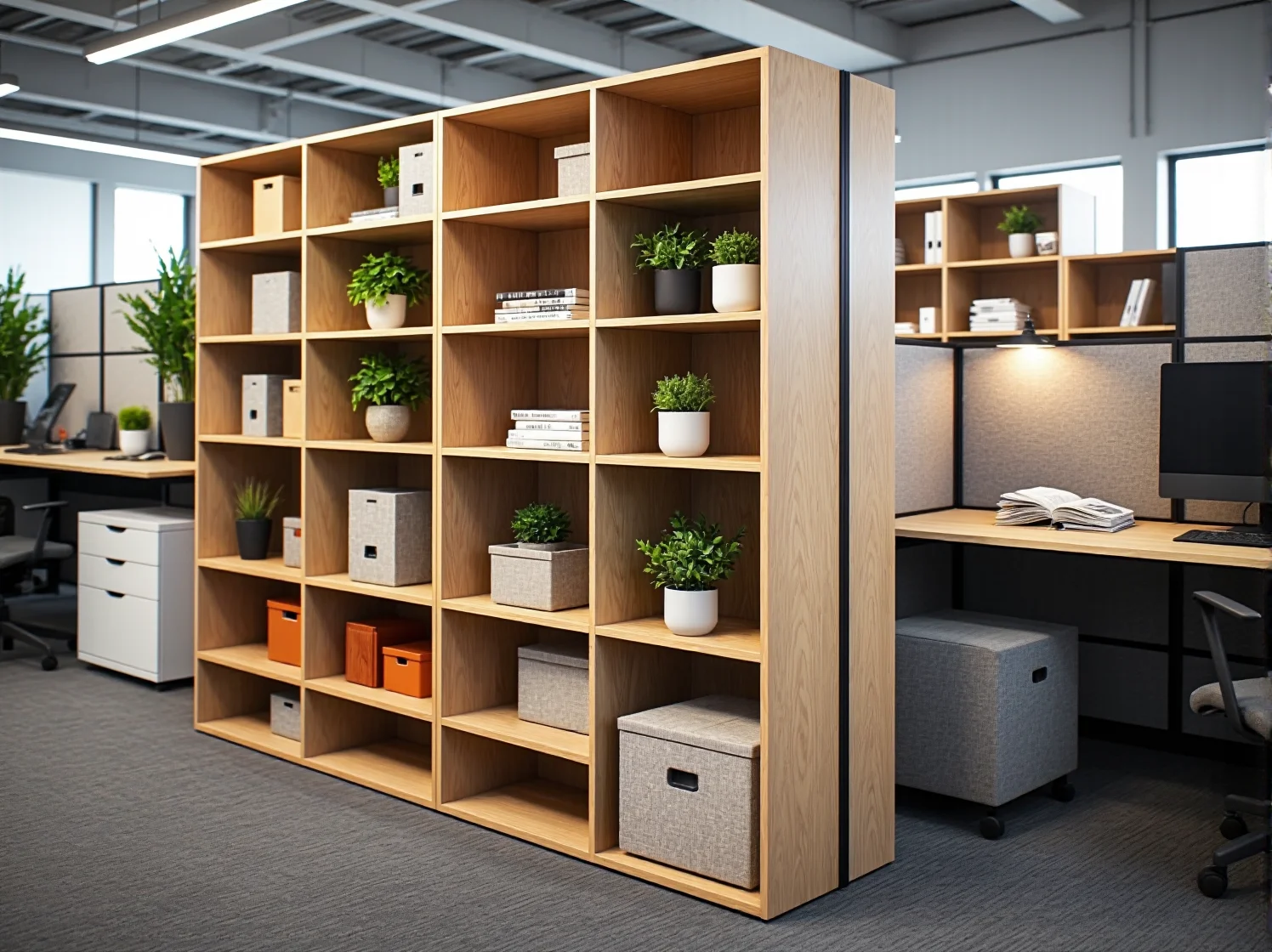 Strefa relaksu w coworkingu z niedrogimi pufami i stolikiem kawowym.