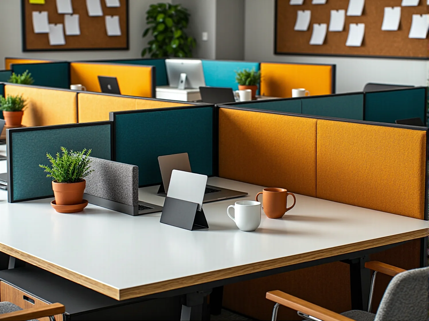 Metalowe szafki pracownicze i regały w nowoczesnym biurze dzielonym.