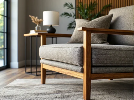 Fotel skandynawski szary z drewnianym stelażem dębowym