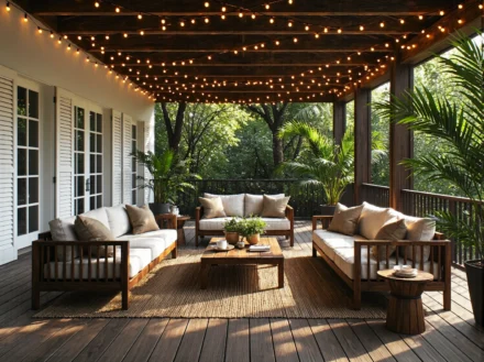 Drewniany zestaw mebli ogrodowych z sofami i stolikiem kawowym