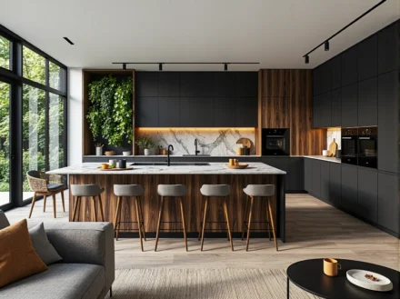 Nowoczesne meble kuchenne grafitowe z wyspą w kolorze orzech